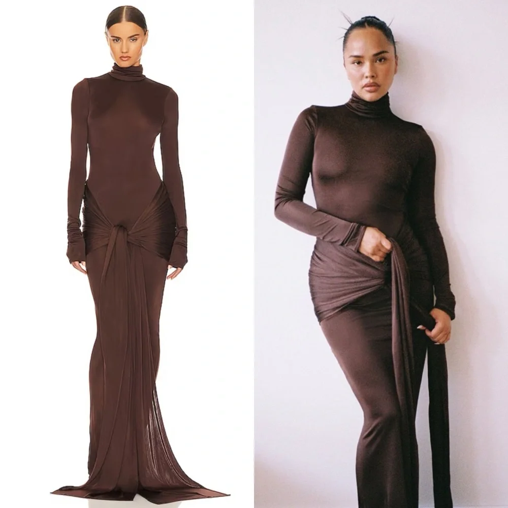 Helsa Slinky Jersey Sarong Maxi Dress Chocolate Brown size Large NEW with tags!